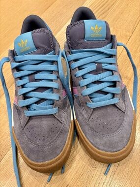 Adidas Purple Suede Sneakers with Light Blue Laces and Brown Soles
